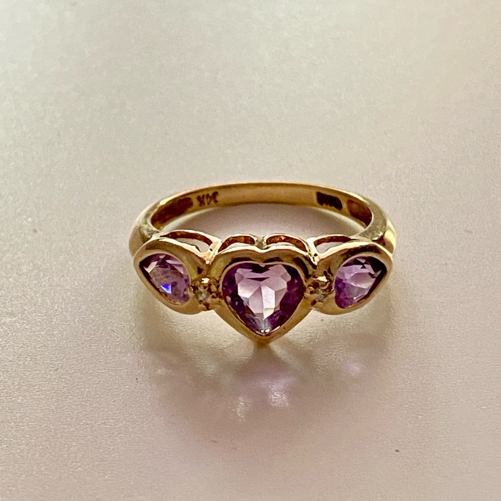 Vintage 14K YG Natural Heart & Pear Amethyst w/ Diamond Accent - Size 6